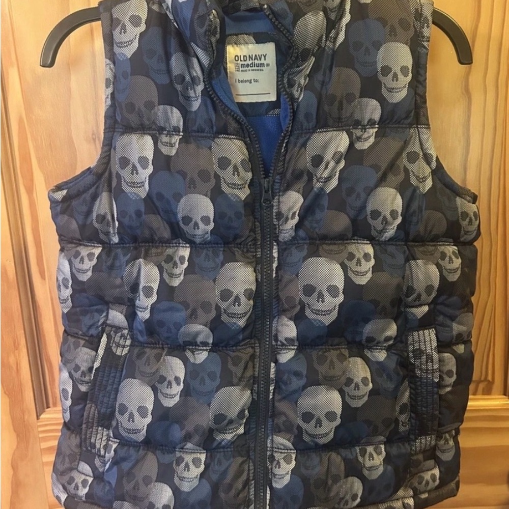 Old Navy Blue and Gray Skull Puffer Vest Boys M 8